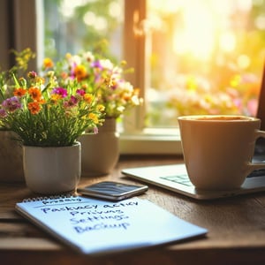 The image depicts a vibrant spring scene featuring a cluttered desk overflowing with various digital devices—laptops, smartphones, and tablets—intermi